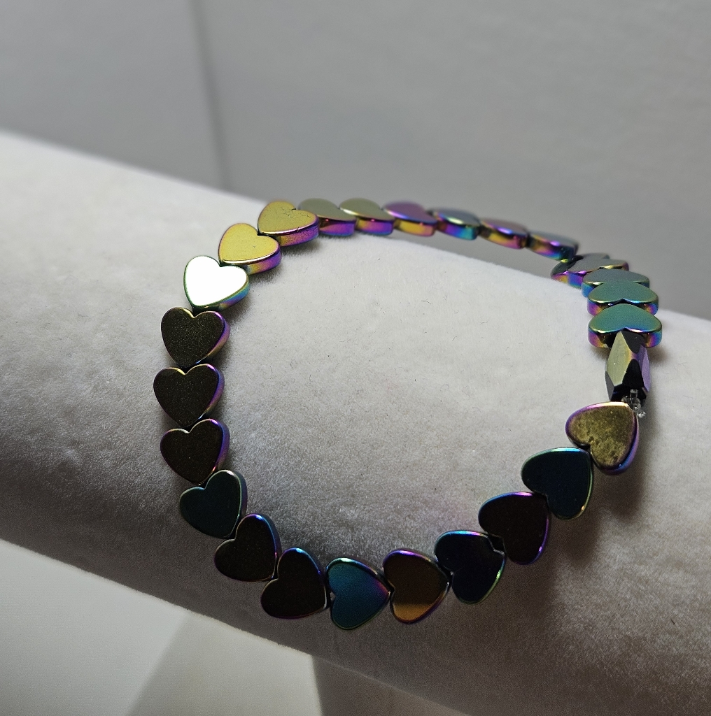 Heart-Shaped Hematite Beaded Stretch Bracelet Handmade Nwot